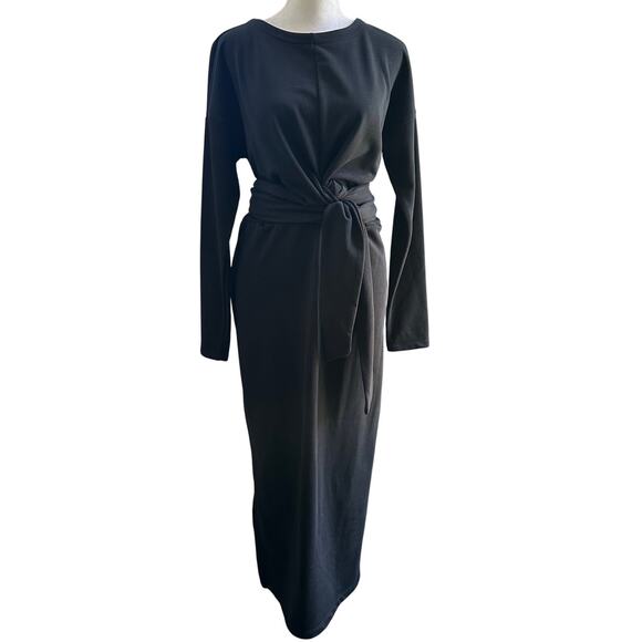 Modern Citizen Audrey Black Terry Midi Dress Small Tie Waist Long Sleeve Minimal - Picture 2 of 12
